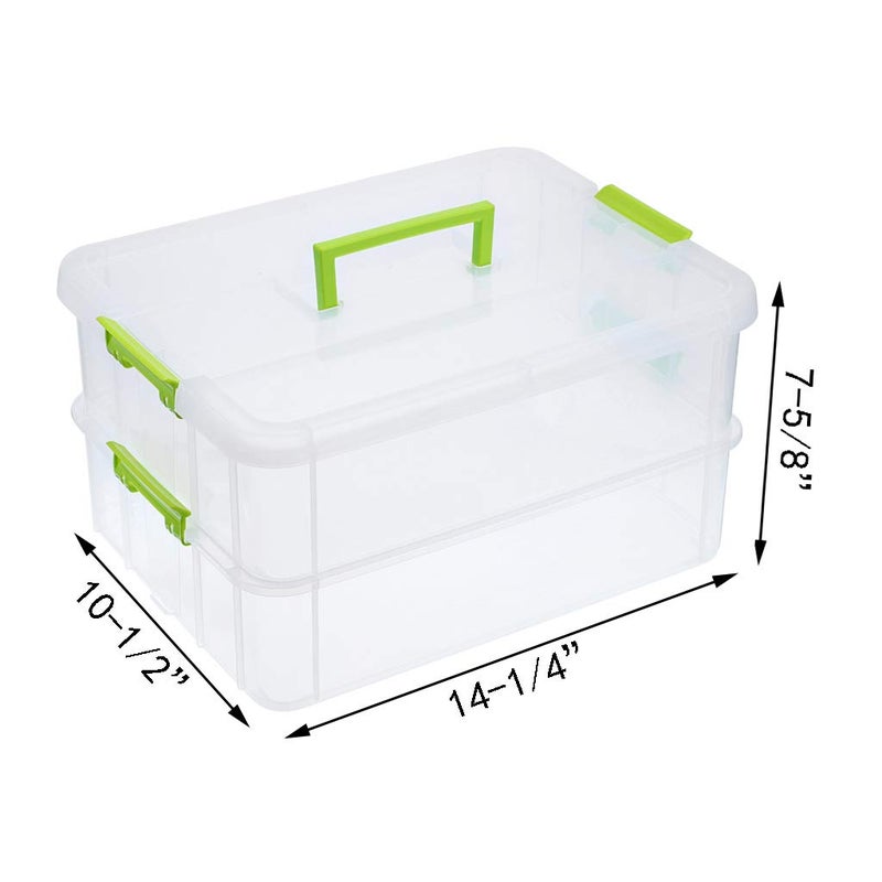 JUXYES 2-Tiers Stack Carry Storage Box With Handle, Transparent Stackable Storage Bin With Handle Lid Latching Storage Container for School & Office Supplies (Green) - Image 2